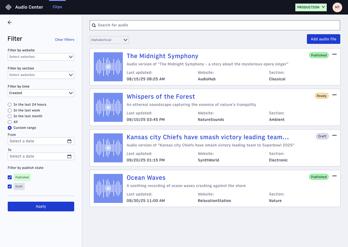 Audio landing page