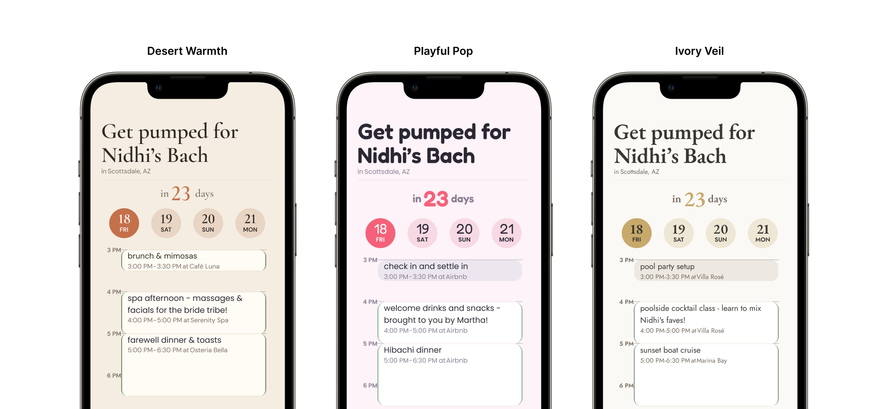 The Home screen rendered in Desert Warmth, Playful Pop, and Ivory Veil